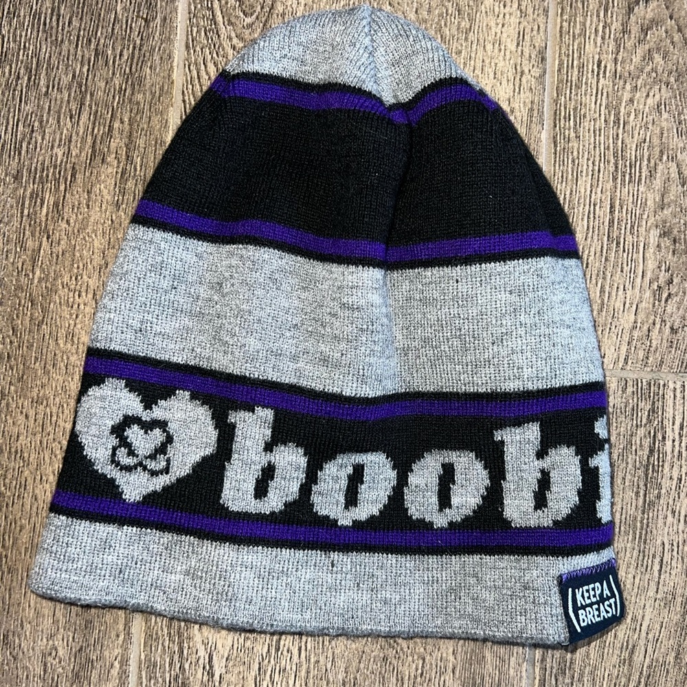 Keep A Breast “I ❤️ Boobies” Beanie / Toque | Jacquard Knit | Grey Black Purple